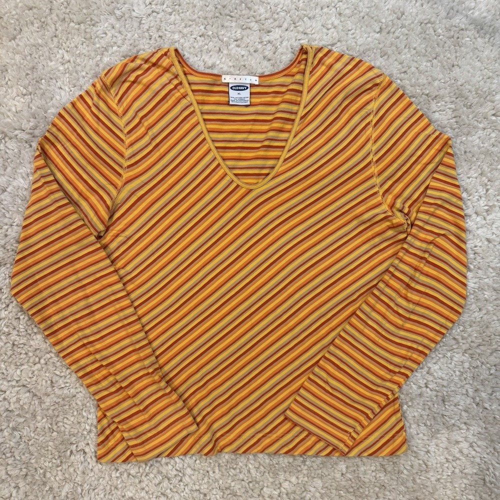 Y2K Old Navy Women's Yellow and Orange Striped Long Sleeve Shirt Sz XL 90s Tee